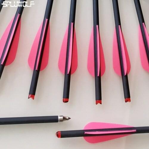 12 PCS OD 8.8 mm Archery Hunting Accessories Bow Arrows w 3 Pink Feather Crossbow Bolt Carbon Arrow Red transparent Nock