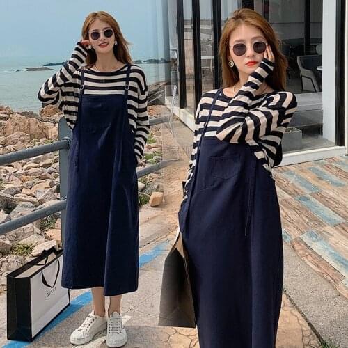 7879# Stripe T Shirt + Dress Maternity Clothes Loose Stylish Long Sleevess Dress Pregnant Women Pregnancy Clothes