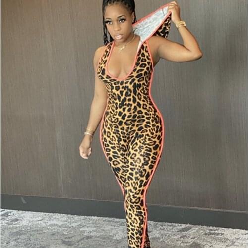 BKLD New Fashion Women Clothing Leopard Print Hooded Sexy Sleeveless Jumpsuit V-Neck One Piece Outfits Party Clubwear S-2XL