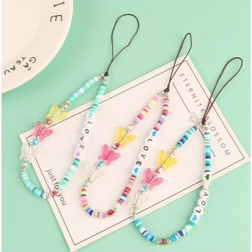 Colorful Acrylic Bead Butterfly Mobile Phone Chain Cellphone Strap Anti-lost Lanyard For Women Summer Fashion Jewelry Letter