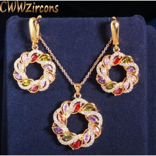 CWWZircons Luxury Twist Round Multi Color Cubic Zirconia Necklace and Earring Dubai Indian Gold Jewelry Set for Women Party T470