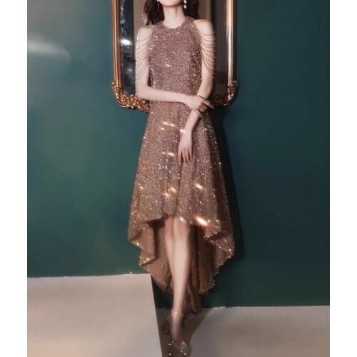 Elegant Shiny Evening Dresses Halter Neck Sequined Tassel Sleeves A-Line Banquet Knee Length Homecoming Graduation Cocktail Gown