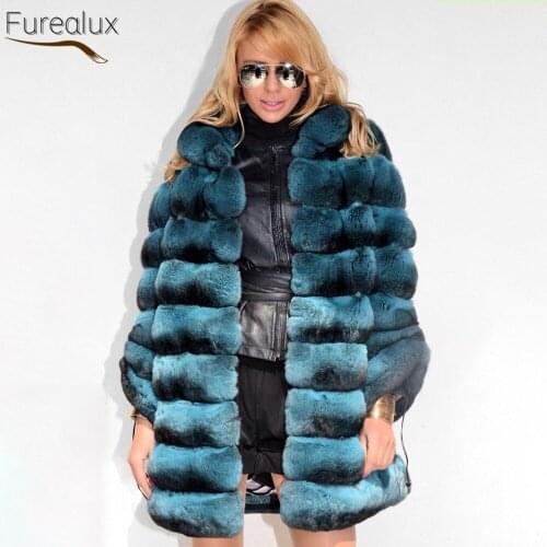 FUREALUX New Natural Real Rex Rabbit Fur Coat Handmade Womens Warmth Stand-up Collar Striped Fashionable Temperament Clothing