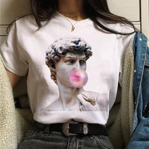 FIXSYS Ulzzang Harajuku Funny David Michelangelo Statue Print Female T-Shirt Large Size Loose O-neck Casual Women T-Shirt