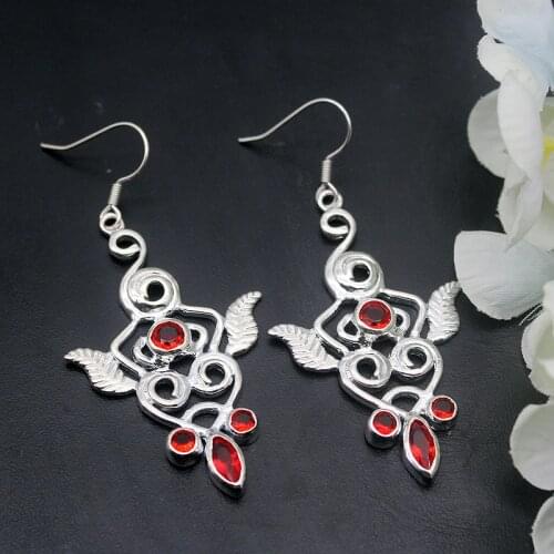 Hermosa Rare Glowing Special Red Garnet Silver Color Earrings For Women Fashion Jewelry 2 1/2 Inch ME034