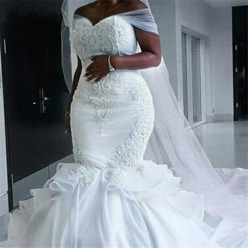 Top Sale Cap Sleeves Mermaid Puffy Wedding Gowns Sweep Train Plus Size African Bridal Gowns