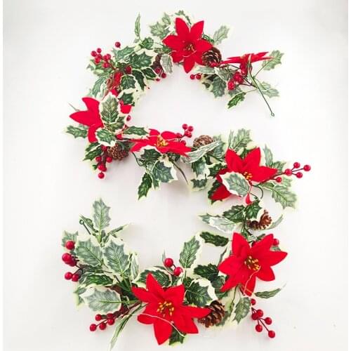 Artificial Poinsettia And Pine Cones Christmas Rattan Red Flowers Garland For Home Decoration Wall Hanging