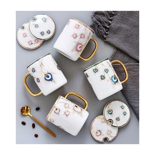 High-grade Hand Painted Outline In Gold Ceramic Breakfast Cup Golden Man Bone China Coffee Mug Whit Spoon