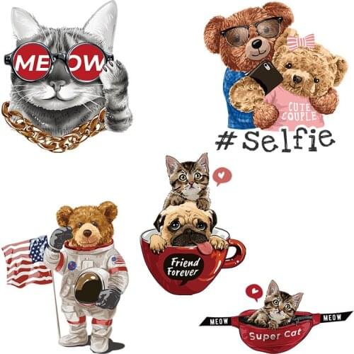 Cool cat wearing glasses American bear iron heat transfer pattern on kids clothes DIY decorative accessories for children