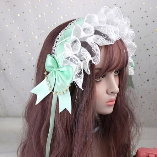 Lolita Ruffled Lace Headband Crisscross Ribbon Bow Pearls Chain Maid Hair Band
