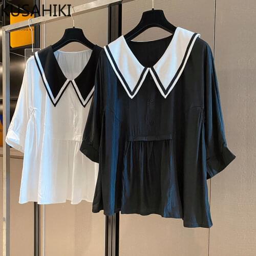 KUSAHIKI Sailor Collsr Women Doll Shirt Causal Folds Flare Sleeve Top Blouses 2021 Sumemr New Thin Blusas Camisas De Mujer 6K052