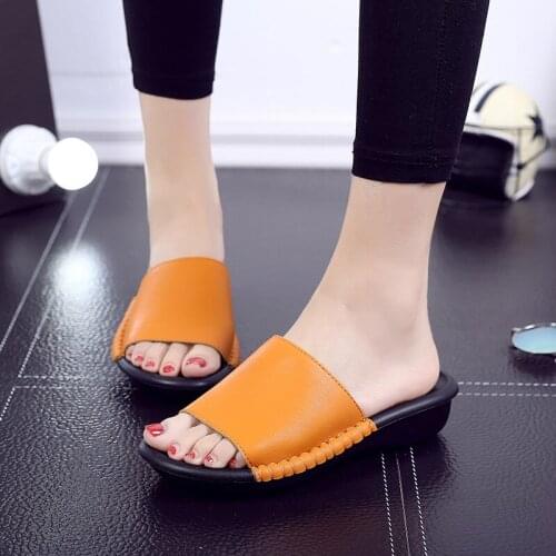 Summer leather fashion woman slippers female casual slope thick bottom slip mother slippers ladies soft bottom slippers