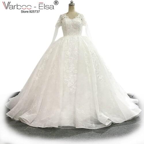 VARBOO_ELSA 2018 Muslim Bridal Long Sleeve Wedding Dress V Neck Wedding Ball Gown Custom White Lace Applique Beaded Wedding Gown