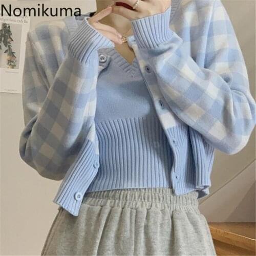 Nomikuma Vintage Sweet Plaid Women Sets Single Breasted Short Sweater Cardigan + Sleeveless V-neck Vest 2021 New Suits 6E836