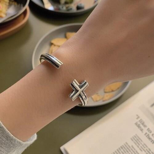 New Arrival 100% 925 Sterling Silver Hot Sell Cross Design Unisex Bangle Punk Street Style Women Man Jewelry Gift