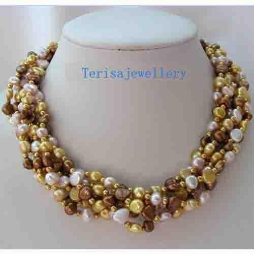 Wholesale Classic 6 Strands Coffee Purple Champagne Baroque Freshwater Pearl Necklace,AA 7-8MM 18 inches Real Pearl Jewellery