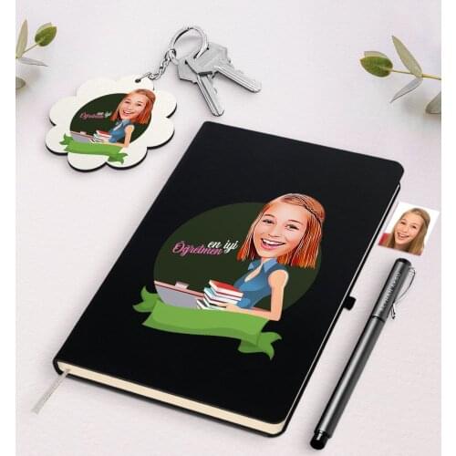 Personalized Women 'S Best Teacher Caricature Of Black Notebook Pen And Keychain Gift Seti-1