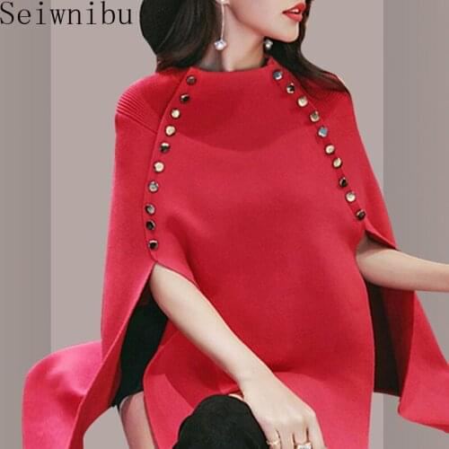 Cloak New Women Sweater Pullover Sleeveless Buttons Soft Shawl Coat Autumn Winter Fashion Vintage Knitted Poncho Coat Tops
