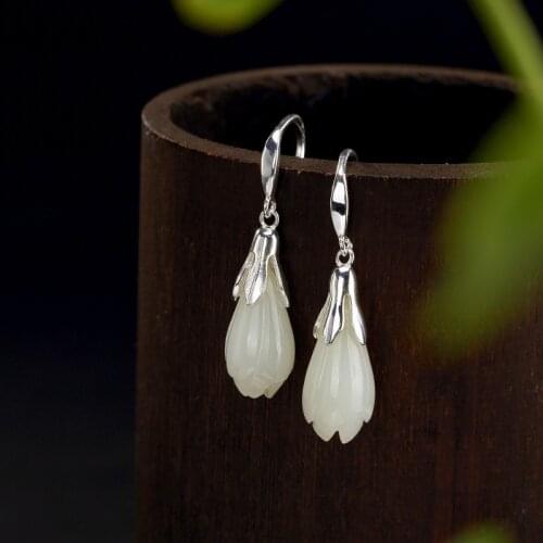 Natural 925 sterling silver inlaid hetian jade earrings, white jade ladies, temperament magnolia flower earrings women earrings