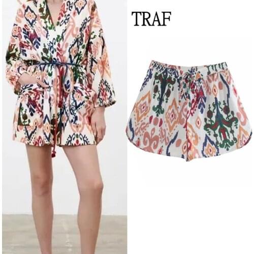 TRAF Za 2021 Womens Shorts Summer Print Loose High-Waisted Shorts Woman Fashion Bow Drawstring Casual Boho Woman Shorts Beach