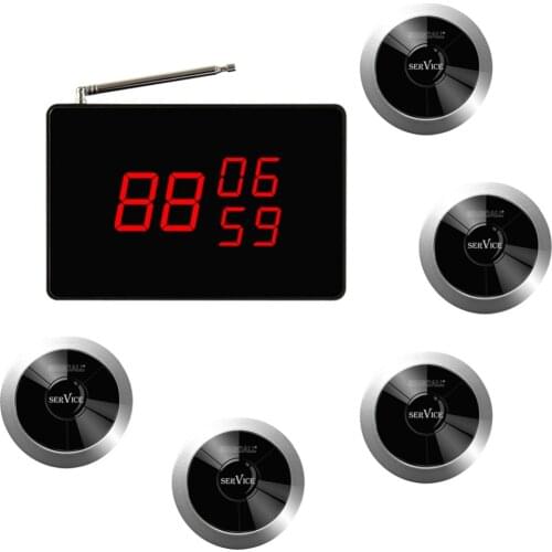 SINGCALL Wireless Calling System, 1 Black Receiver,5 Waterproof Waiter Call Buttons,Silver Key for Coffee Shop, Restaurant