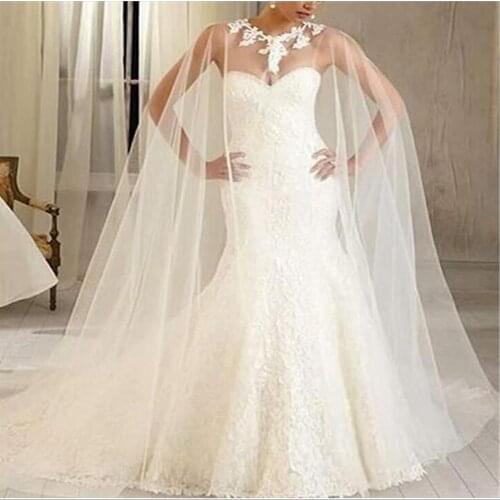 Appliques Bridal Cape Cloak Long Tulle Floor Length Wedding Jacket White Ivory Bride Wrap Wedding Accessories