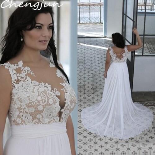Chengjun Chapel Train Sleeveless Illusion Neckline Boho Sexy Plus Size Wedding Gowns