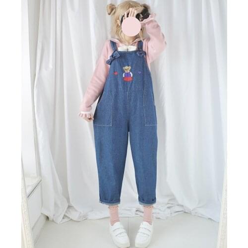 Love Bear Embroidery Big Pockets Womens Jeans Jumpsuits Rompers Casual Pants Trousers Playsuits 2 Colors
