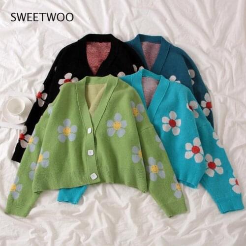 Women cardigan Female Sweaters Cute Light Green Symbol Life Vintage Sweater Spring Sweaters with Flower Print Women Tops