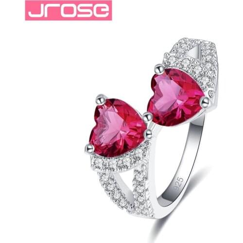 JROSE 2019 Double Heart Design Rings For Women Sterling Silver 925 Jewelry Red White Crystal Zircon Wedding Engagement Bijoux