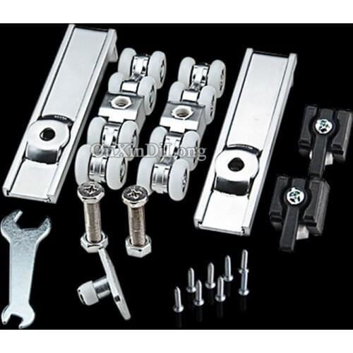 HOT 2Sets Sliding Door Roller 8 Wheels Home Room Wood Door Hanging Wheels Rail Track Pulley Furniture Smoothly & Mute Pulleys