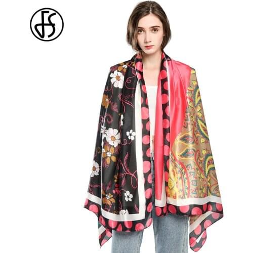 FS 2021 Winter Silk Scarf For Women Flower Print Thin Satin Blanket Shawl Black Red Formal Date Luxury Scarves Foulard Femme