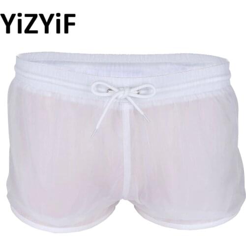 Mens See-Through Drawstring Quick Dry Beach Shorts Swim Trunks Sexy Beach Bathing Suit Brief