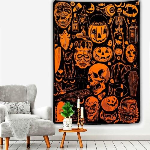Skull Pumpkin Tapestry Halloween Theme Wall Hanging For Living Room Bedroom Home Supplies Witchcraft Boho Hippie Mural Decor