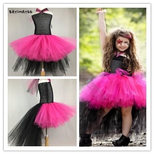 Cool Girls Rocker Queen Tutu Dress Baby Fluffy Crochet Tulle Dress Kids Cosplay Costume Children Birthday Party Trailing Dresses
