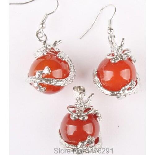 16MM Carnelian Round Bead Inlaid Dragon Pendant & Earrings 1 Set