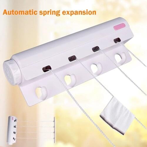 Spring Automatic Retractable Bendable Drying Rack Four Or Five Lines With Hooks Clothesline Indoor Wall-mounted Drying Rack