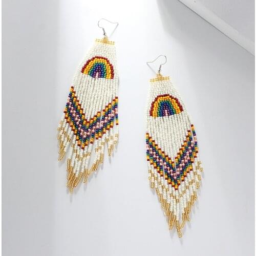 Rainbow Fringe Beaded Earrings Long White LGBT Pride Bohemian Western Jewelry Da Drop Seed Bead Tassel Earring Beadwork (XJ-39F)