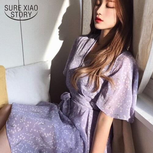 Plus Size New Summer Dress Girls Boho Party Chiffon Female Vintage Dresses Purple Print Short Sleeve Women Dresses Robe Vestido