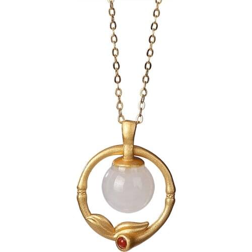 S925 sterling silver gold-plated Hetian white jade pendant retro personality bamboo leaf ladies clavicle chain pendant