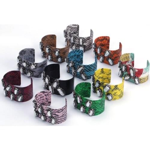 Natural Freshwater Pearl Beads Charm Pave Rhinestone Multi Colors Snake Leather Wide Wrap Open Bangles Cuff Bracelet for Women