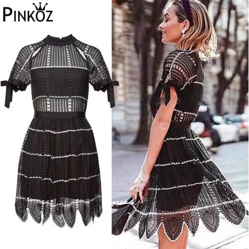 Pinkoz Summer Runway Elegant Black Lace Dress Womens Short sleeve Hollow Out Embroidery Bohemian Ladies Vacation Dress