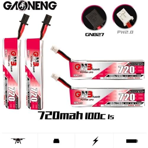 1/2PCS GAONENG GNB 1S HV Lipo Battery 3.8V 720mah Max 200C PH2.00/GNB27 Plug for Quadcopter FPV Drone Tinywhoop Frame RC Drone
