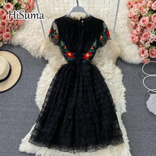 2021 summer new women O-neck short sleeves embroidery chiffon with lace A-line dress female Chic elegant ruffles party dresses