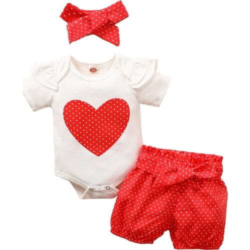Infant Baby Girl Summer Outfits Ruffle Short Sleeve Heart Romper Polka Dot Shorts Valentines Day Clothes 3PCS
