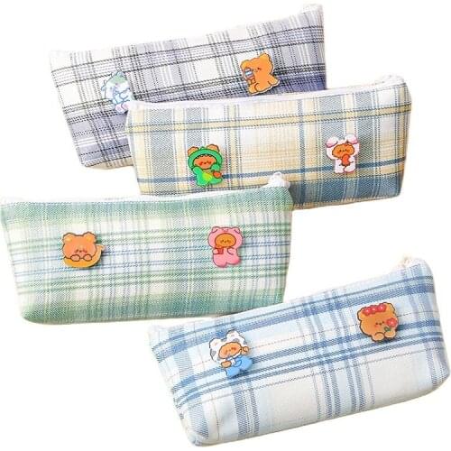 Kawaii Zipper Pencil Case Pocket Canvas Check Pattern Handy Pen Holder Bag Large Capacity for Makeup Brush Stationery школа 2021