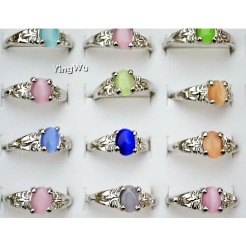 Yingwu 100pcs Fashion Silver Metal Wholesale Lots Bulk Mixed Colorful Cat Eye Opal Stone Rings Jewelry Women Girl Finger Rings