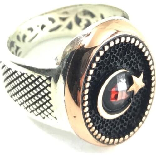 LARGE MIDDLE ROUND BLACK STONE MOON STAR RED CHIC STONE ORNAMENTAL CHARISMATIC RING 925 SILVER Muslim Ring