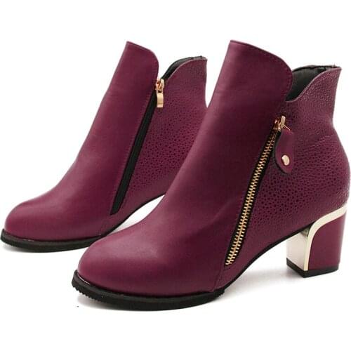 Fashion Women Boots Casual Leather Low High Heels Spring Shoes Woman Pointed Toe Rubber Ankle Boots Black Red Zapatos Mujer