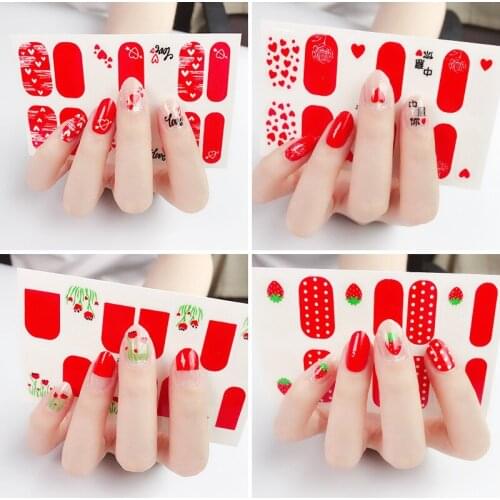 14 Strawberry Line Pattern Fashionable DIY Self-adhesive Nail Polish Nail Art Full Cover Summer Womens Salon Full Set Nail Art